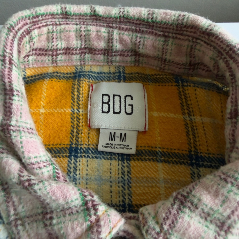 BDG Mixed Plaid Patchwork Oversized Flannel Shirt Womens Medium Yellow Pink Boho - Picture 5 of 12